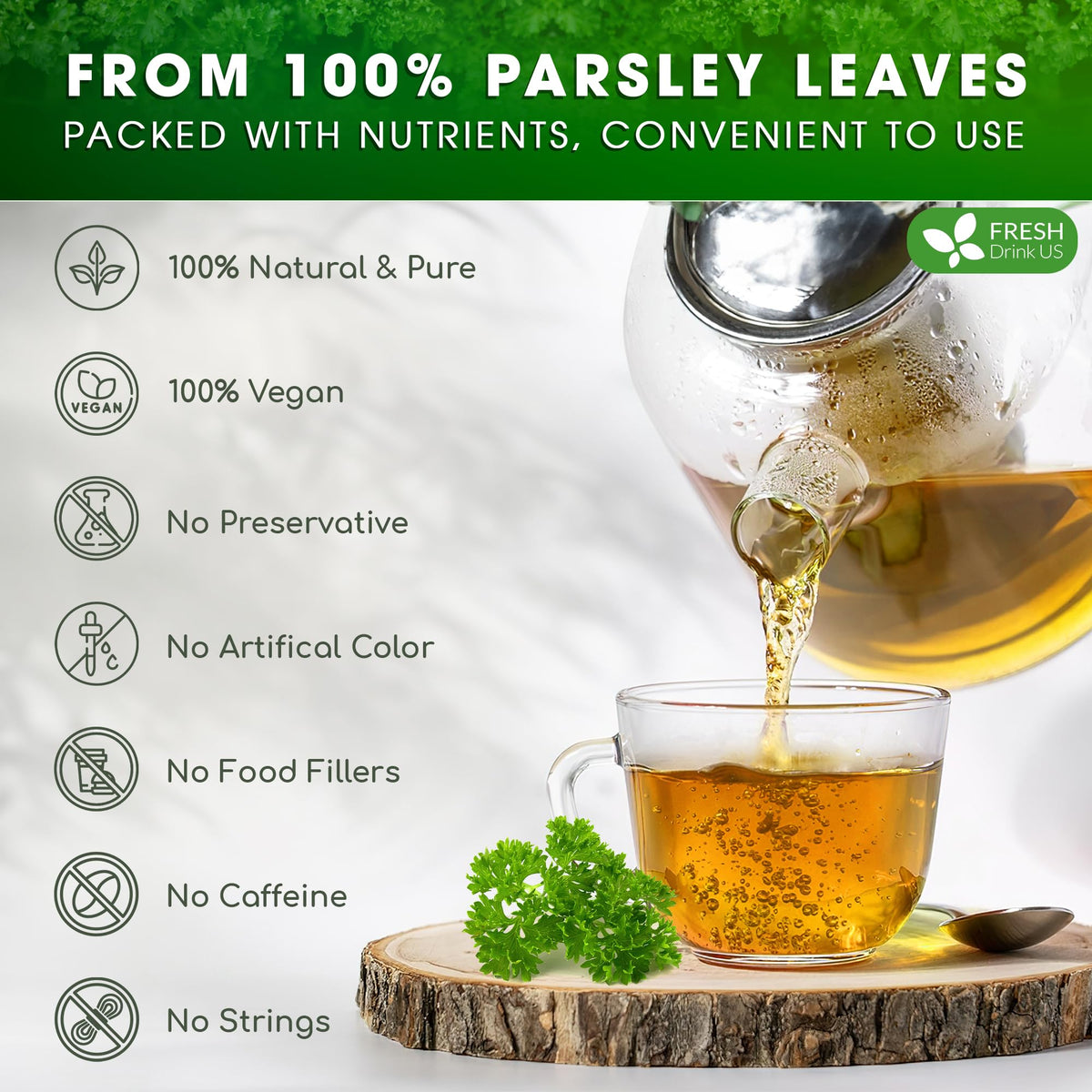 FreshDrinkUS parsley tea bags in cup, hot brew with inviting aroma.