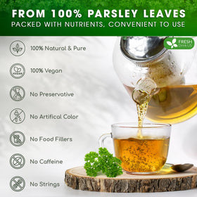 FreshDrinkUS parsley tea bags in cup, hot brew with inviting aroma.