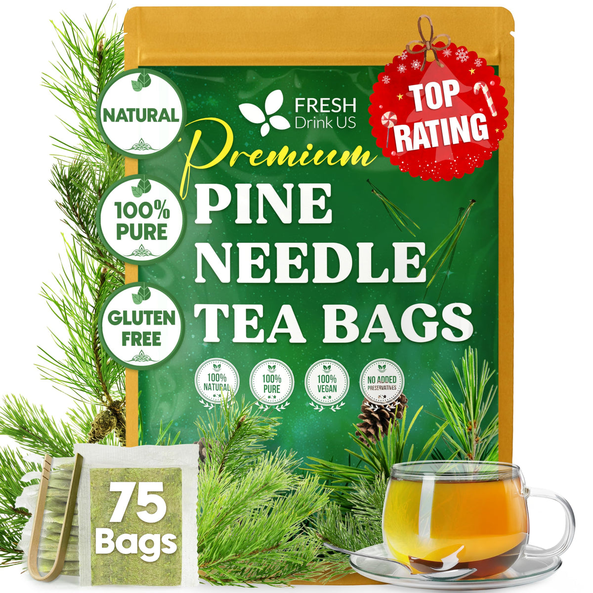 FreshDrinkUS pine-needle tea bags show 100% pine needles for a refreshing, caffeine-free cup.