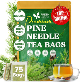 FreshDrinkUS pine-needle tea bags show 100% pine needles for a refreshing, caffeine-free cup.