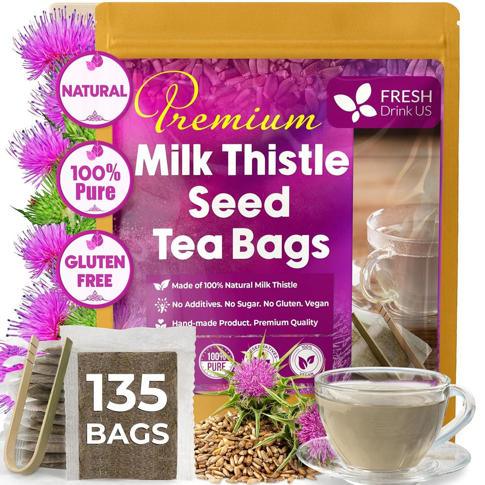 FreshDrinkUS premium milk thistle tea bag close-up highlighting antioxidant-rich herbal quality.