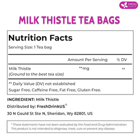 FreshDrinkUS premium milk thistle tea bags on packaging emphasizing eco-friendly materials.