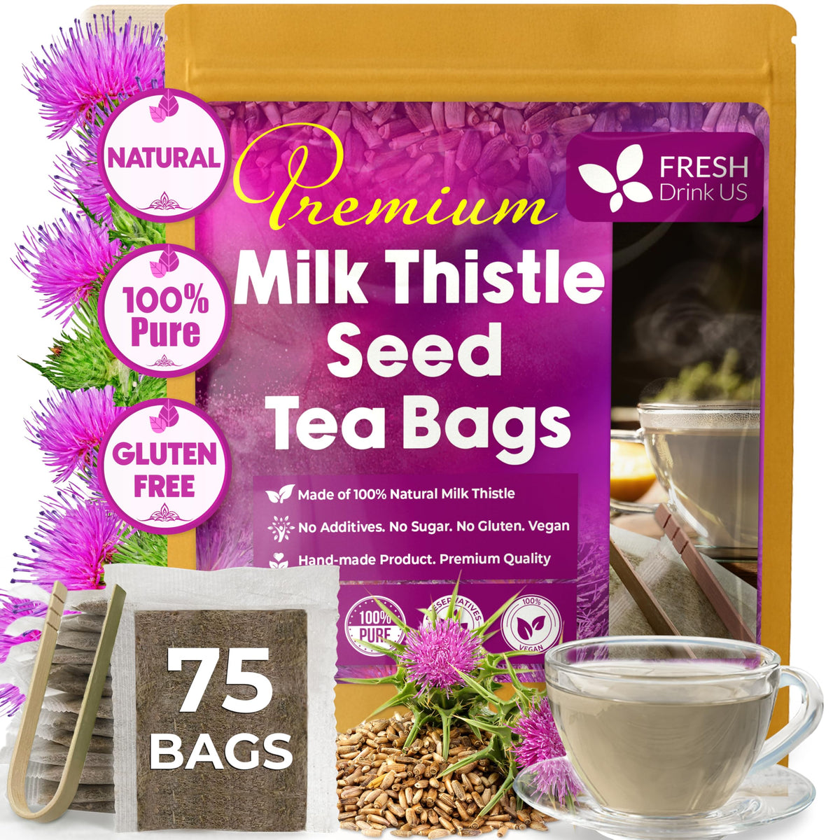 FreshDrinkUS Milk Thistle Tea Bags pack shows pure, authentic tea.