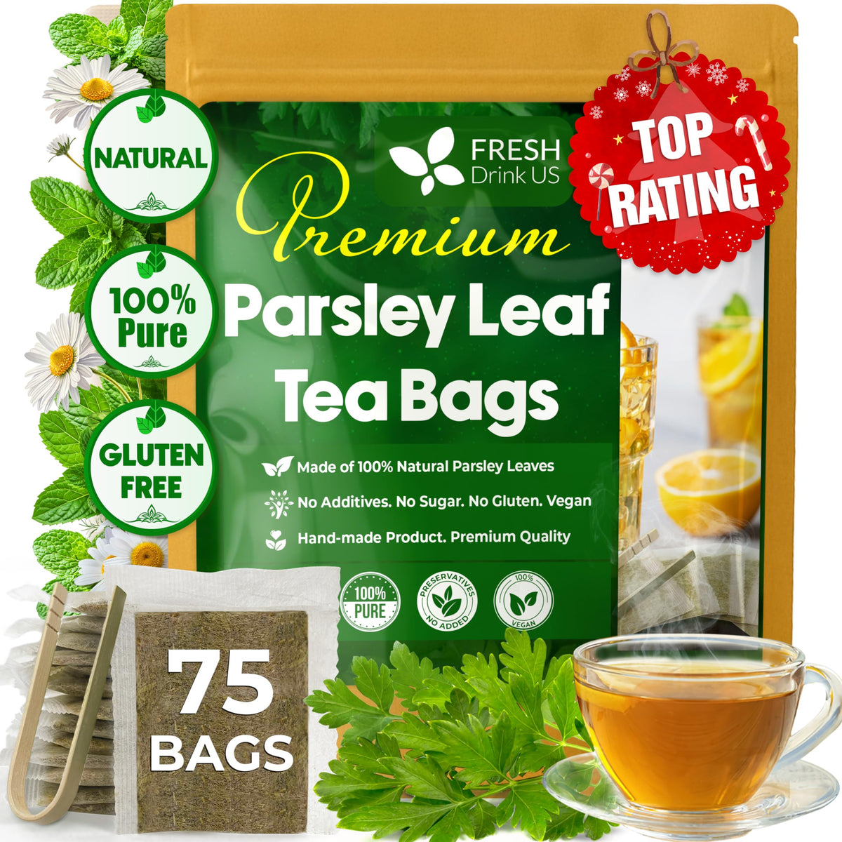 FreshDrinkUS premium parsley tea bags pack for pure, additive-free flavor.