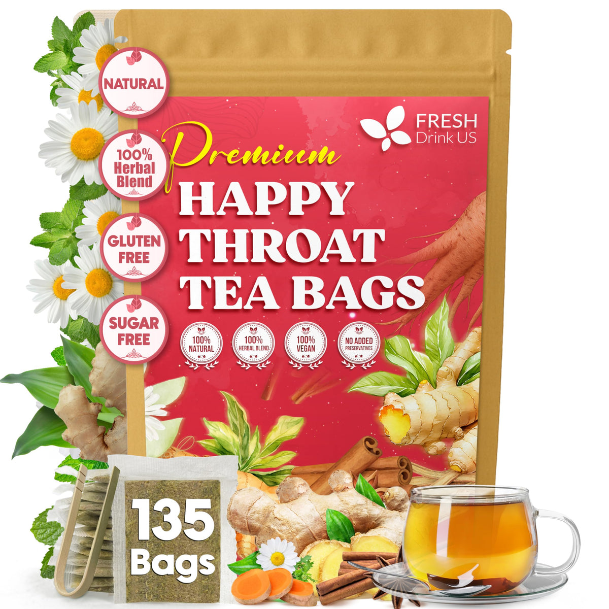 FreshDrinkUS Premium Happy Throat Tea bags in a calming evening ritual setup