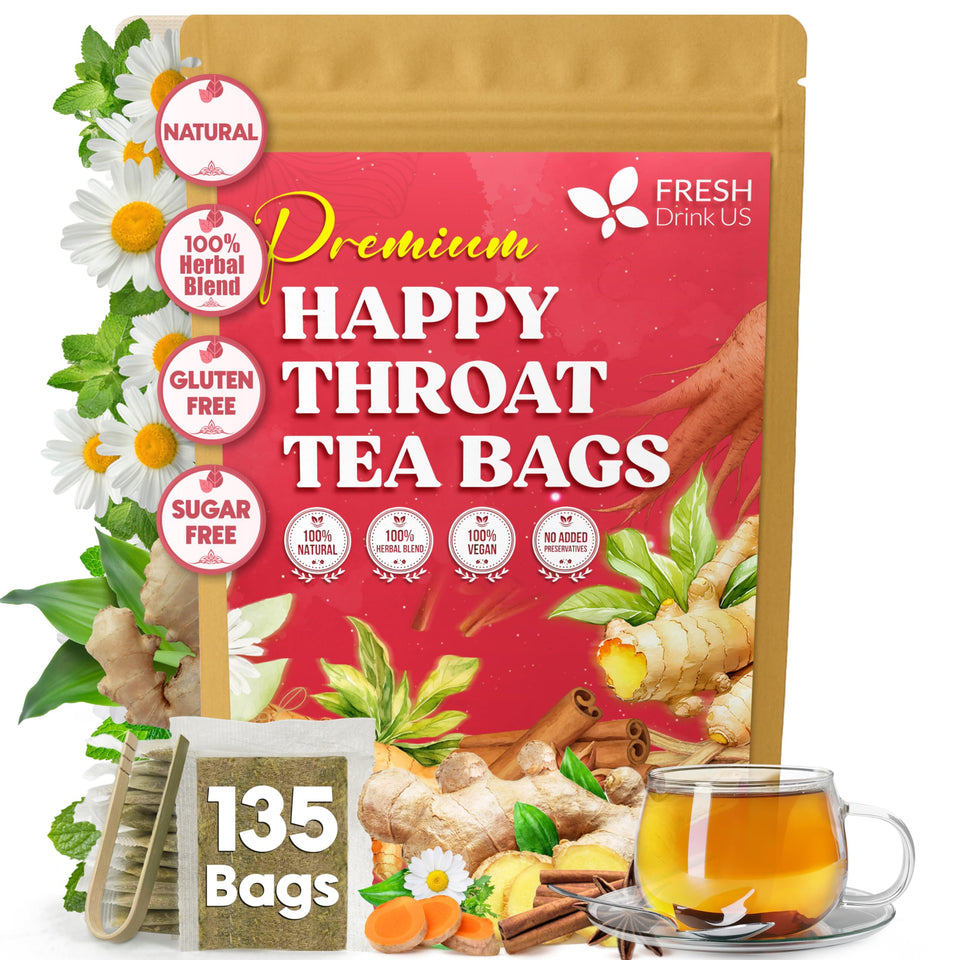 FreshDrinkUS Premium Happy Throat Tea bags in a calming evening ritual setup