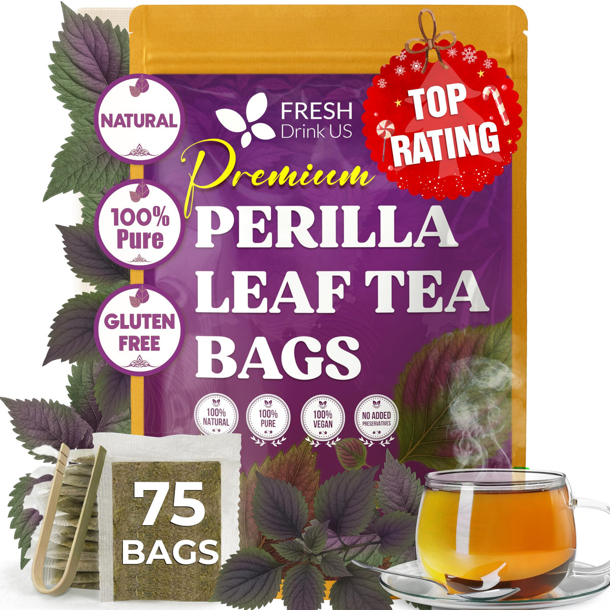 FreshDrinkUS premium perilla tea bags on a wooden table for daily calm