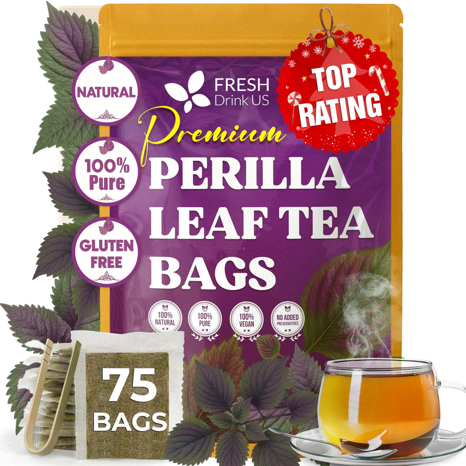 FreshDrinkUS premium perilla tea bags on a wooden table for daily calm