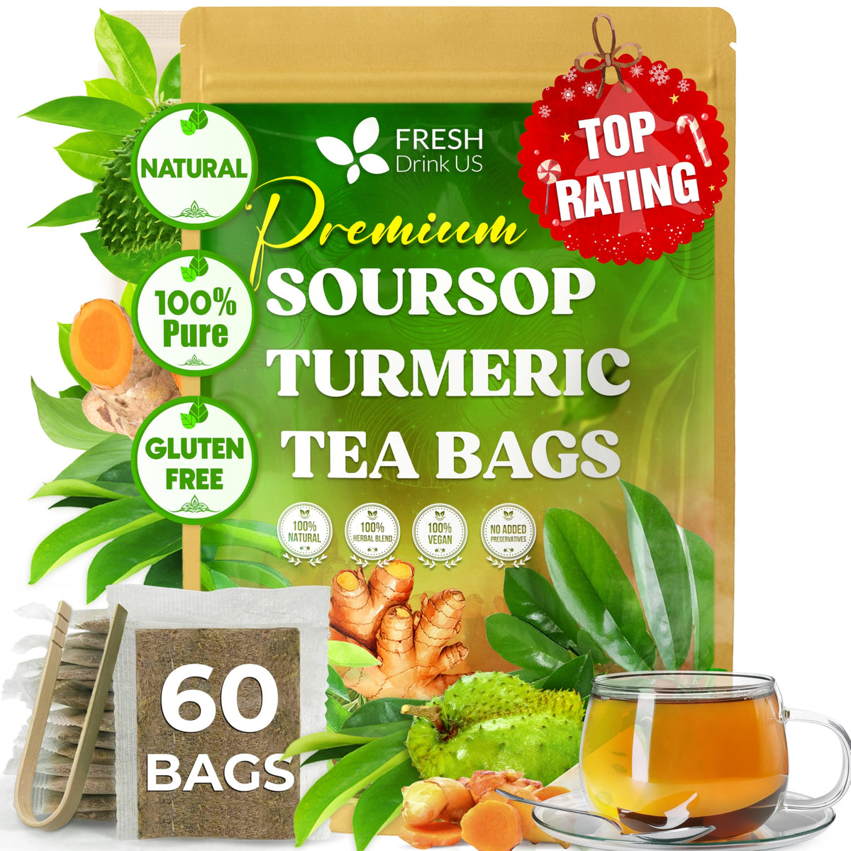 FreshDrinkUS premium soursop turmeric tea bags for convenient daily brew