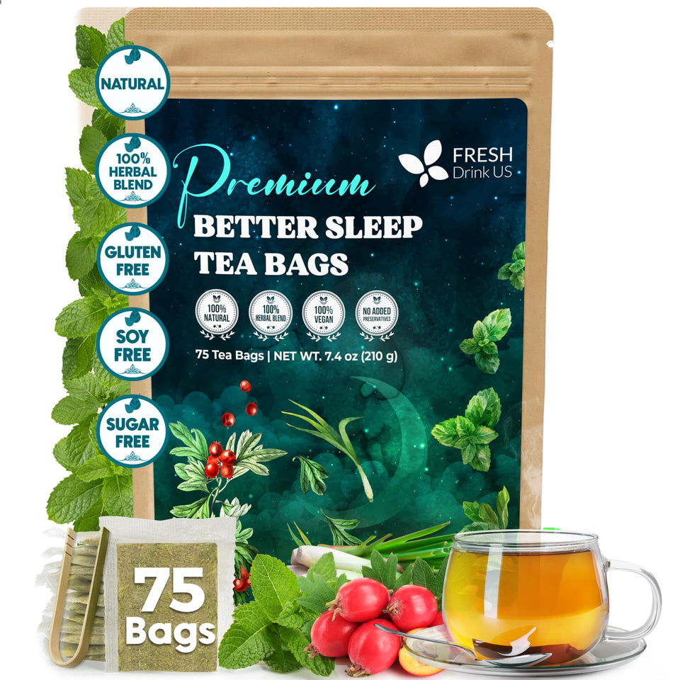 FreshDrinkUS premium tea bags packaging for caffeine-free calm moments.