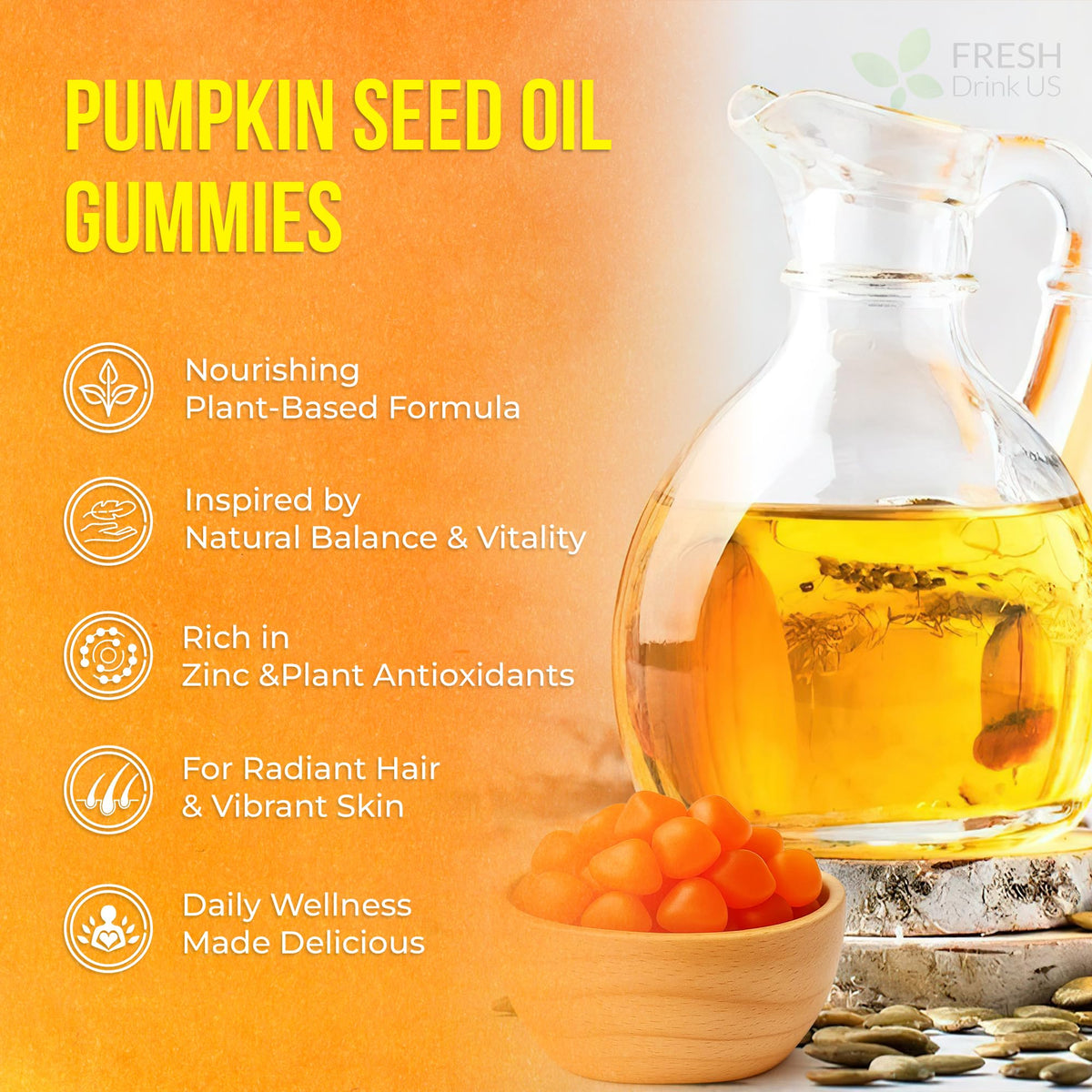 FreshDrinkUS pumpkin seed gummies label shows zinc and vitamin C.