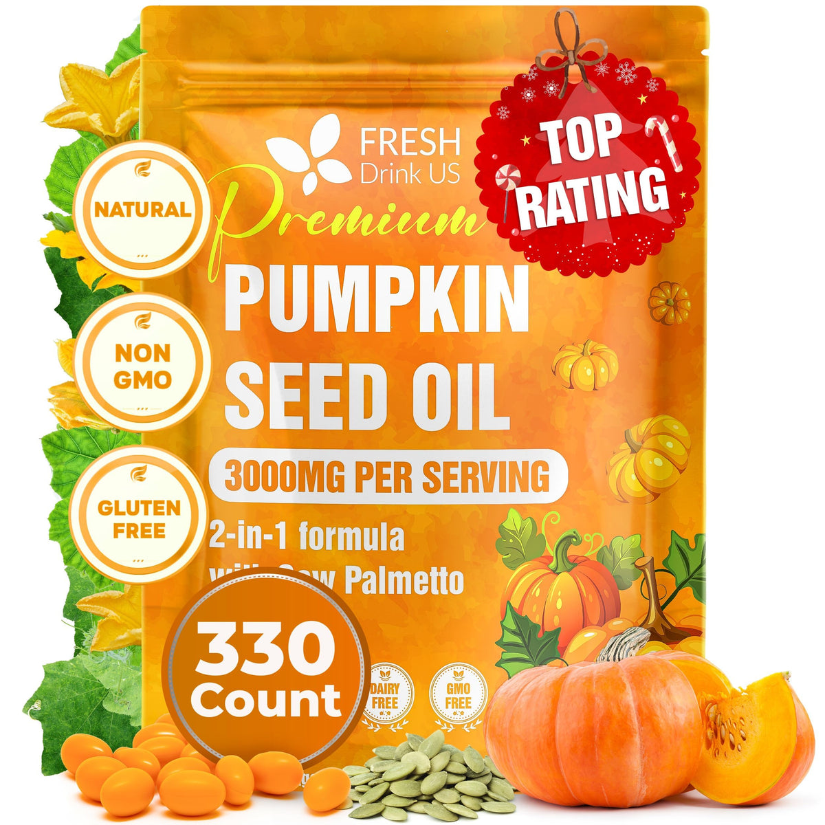 FreshDrinkUS pumpkin seed oil softgels bottle for daily vitality and easy swallowing.