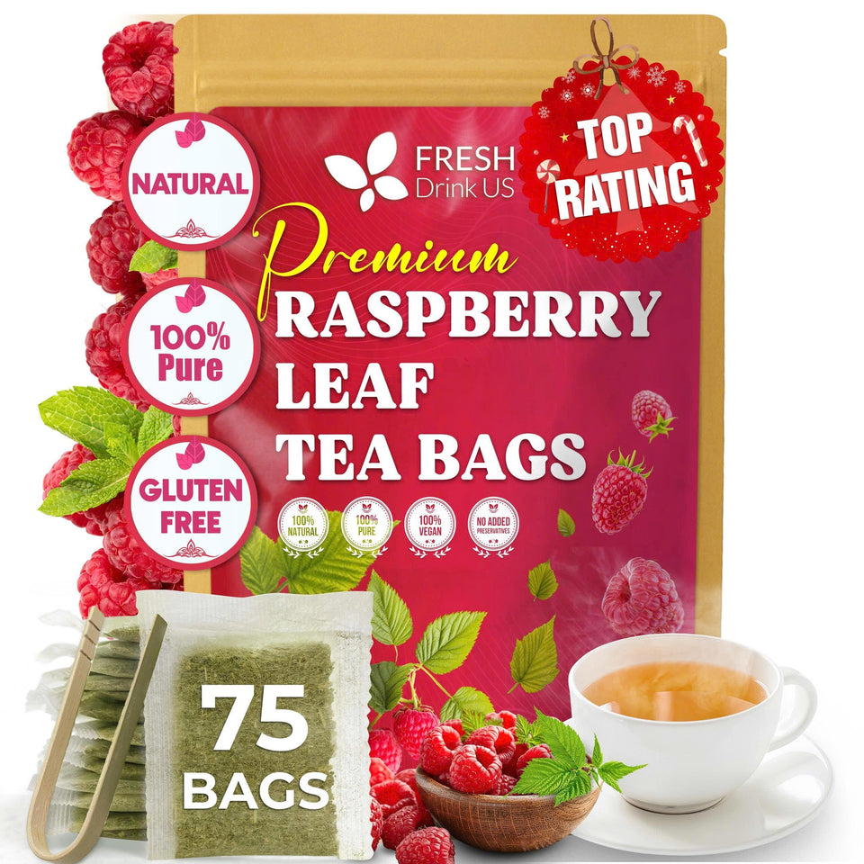 FreshDrinkUS raspberry leaf tea bags closeup for a caffeine-free daily relaxation ritual.