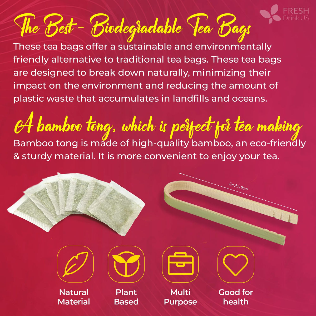 FreshDrinkUS ingredients layout emphasizes premium raspberry leaves and chamomile blossoms.