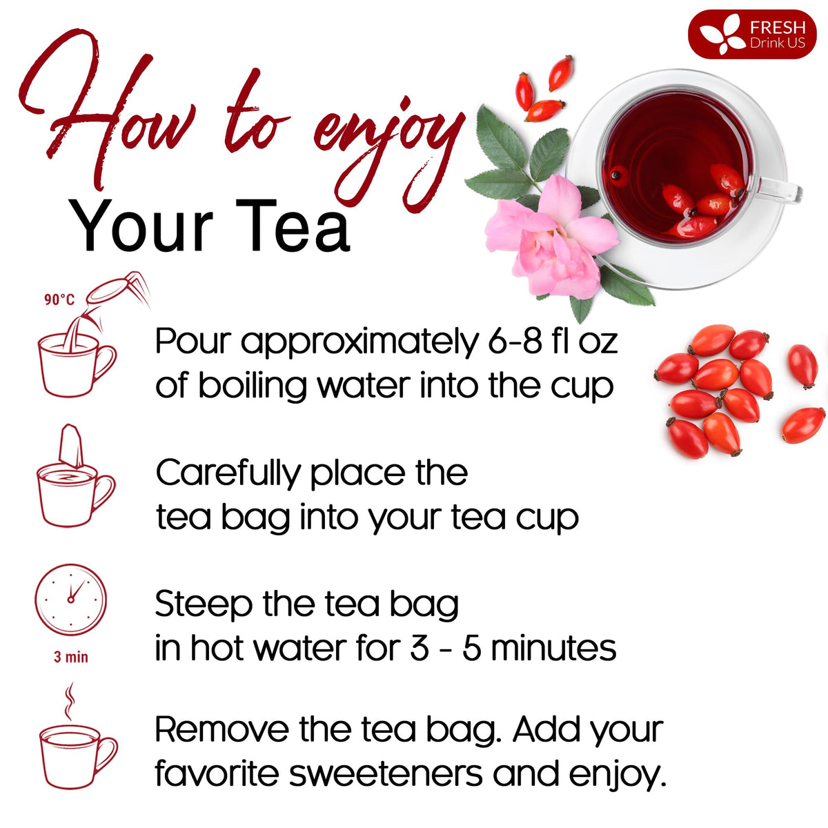 FreshDrinkUS rosehip tea bag open pack implies quick, mess-free prep