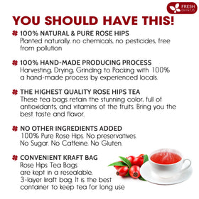 FreshDrinkUS rosehip tea bags close-up reveals natural dried fruit texture and color