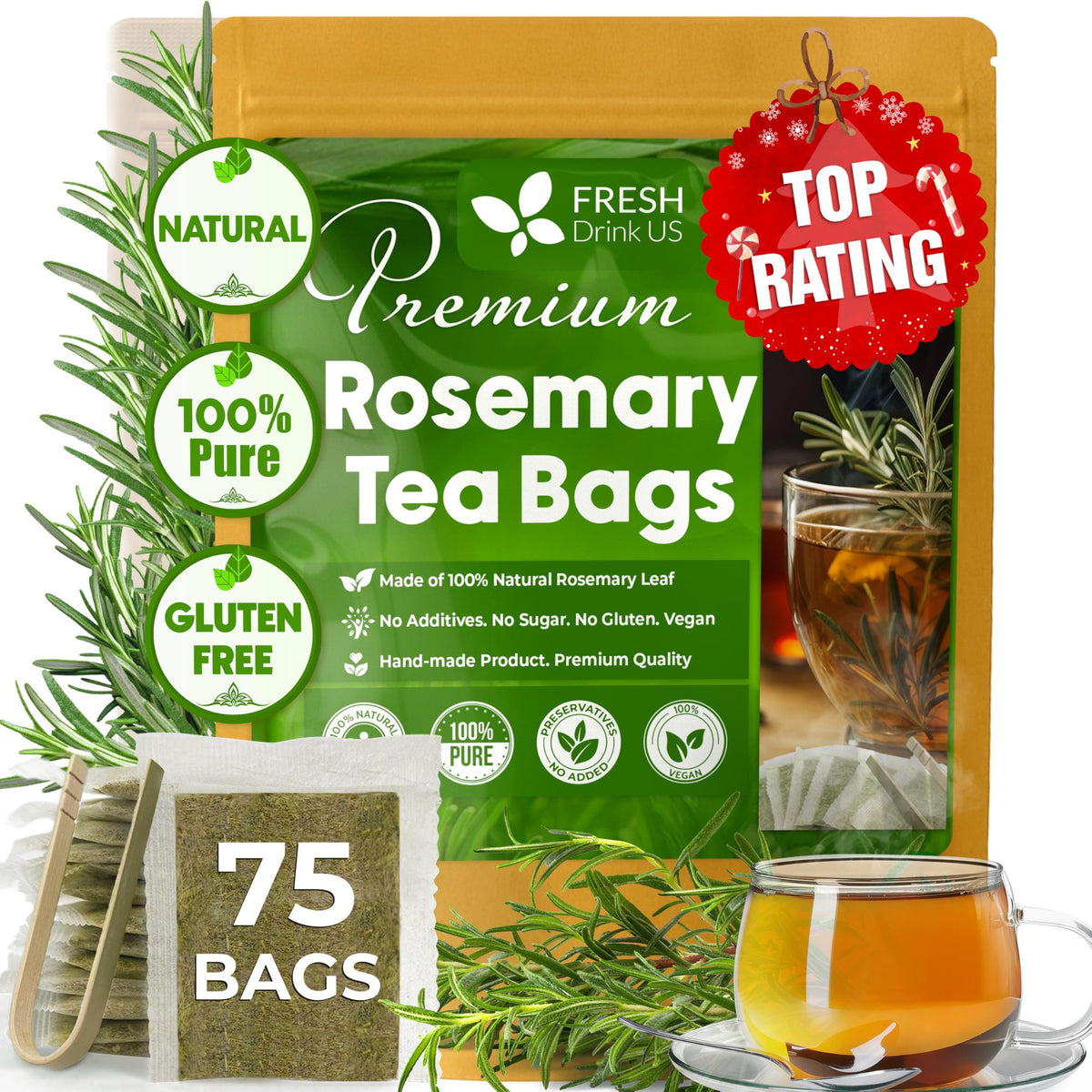 FreshDrinkUS rosemary leaf tea bag close-up highlighting natural aroma and freshness.