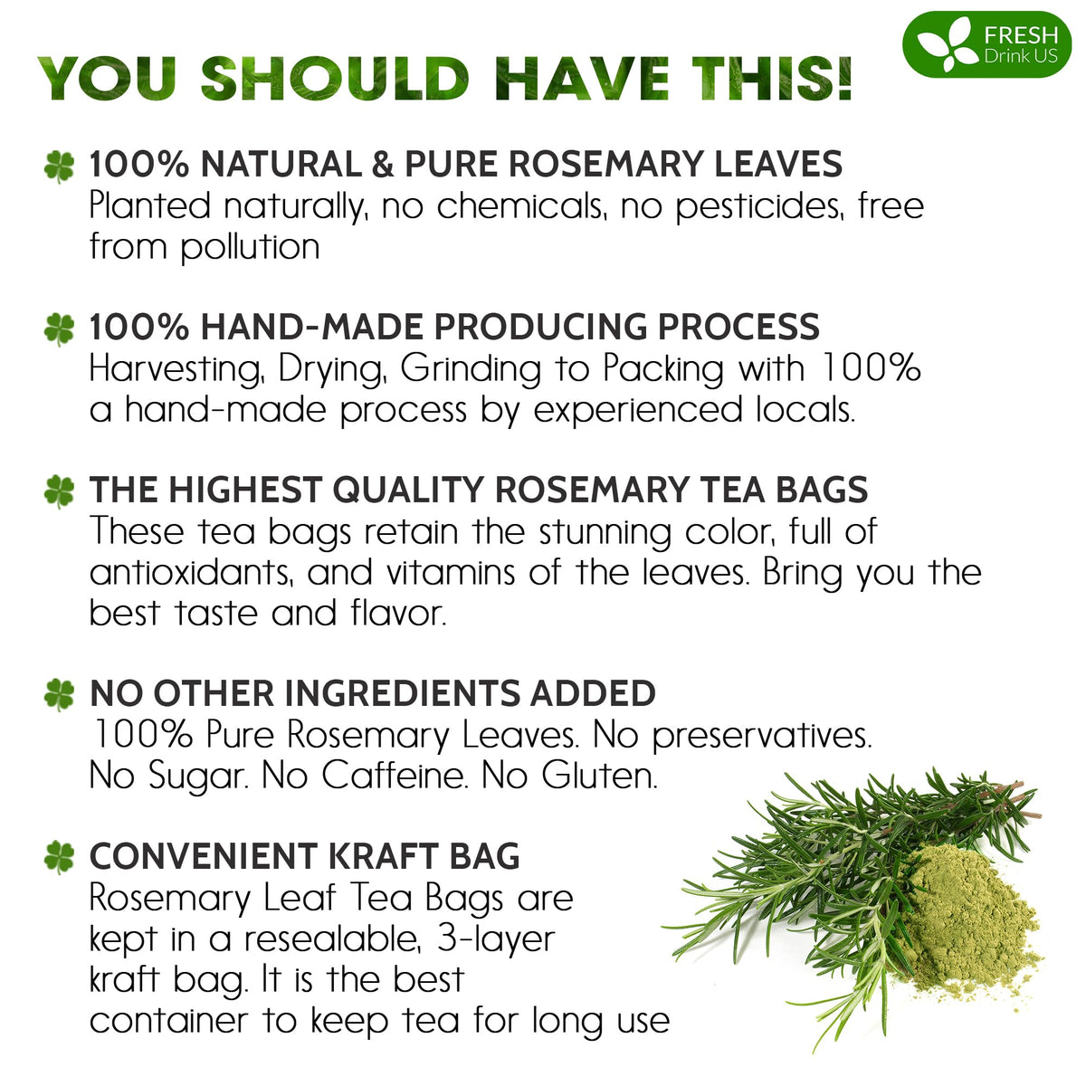 FreshDrinkUS rosemary tea bag packaging showing a resealable bag for long-lasting freshness.