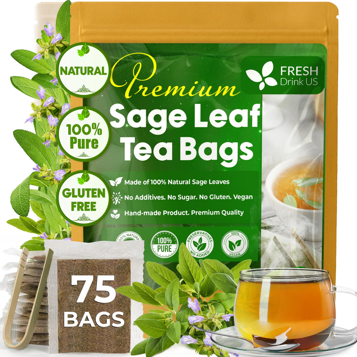 FreshDrinkUS sage leaf tea bags steep for a fragrant herbal infusion.