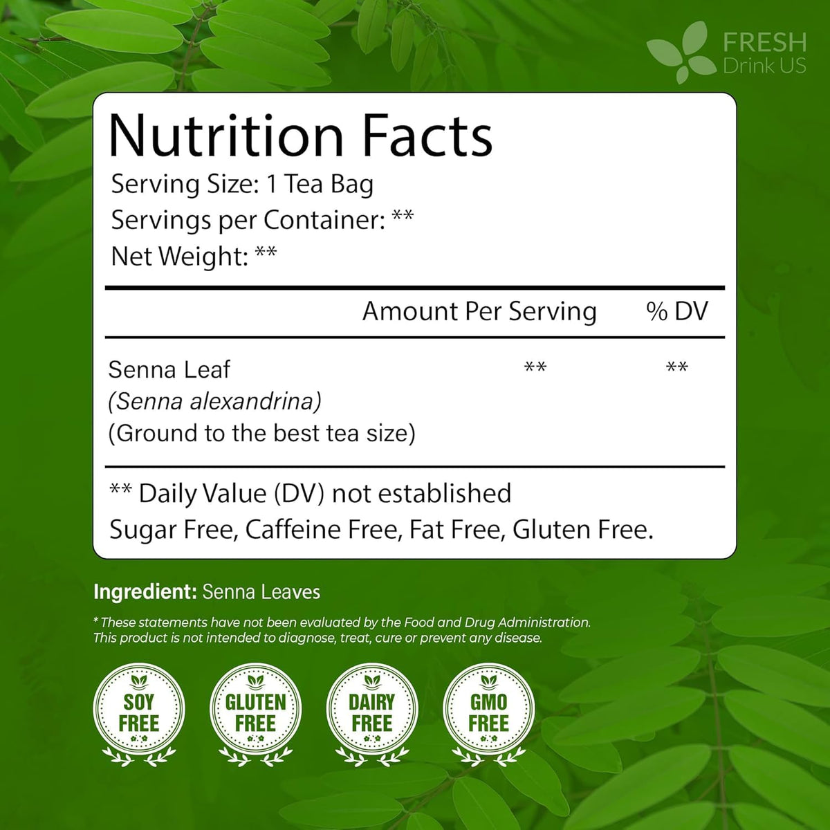 FreshDrinkUS senna tea bags close-up of dried leaves showing natural purity