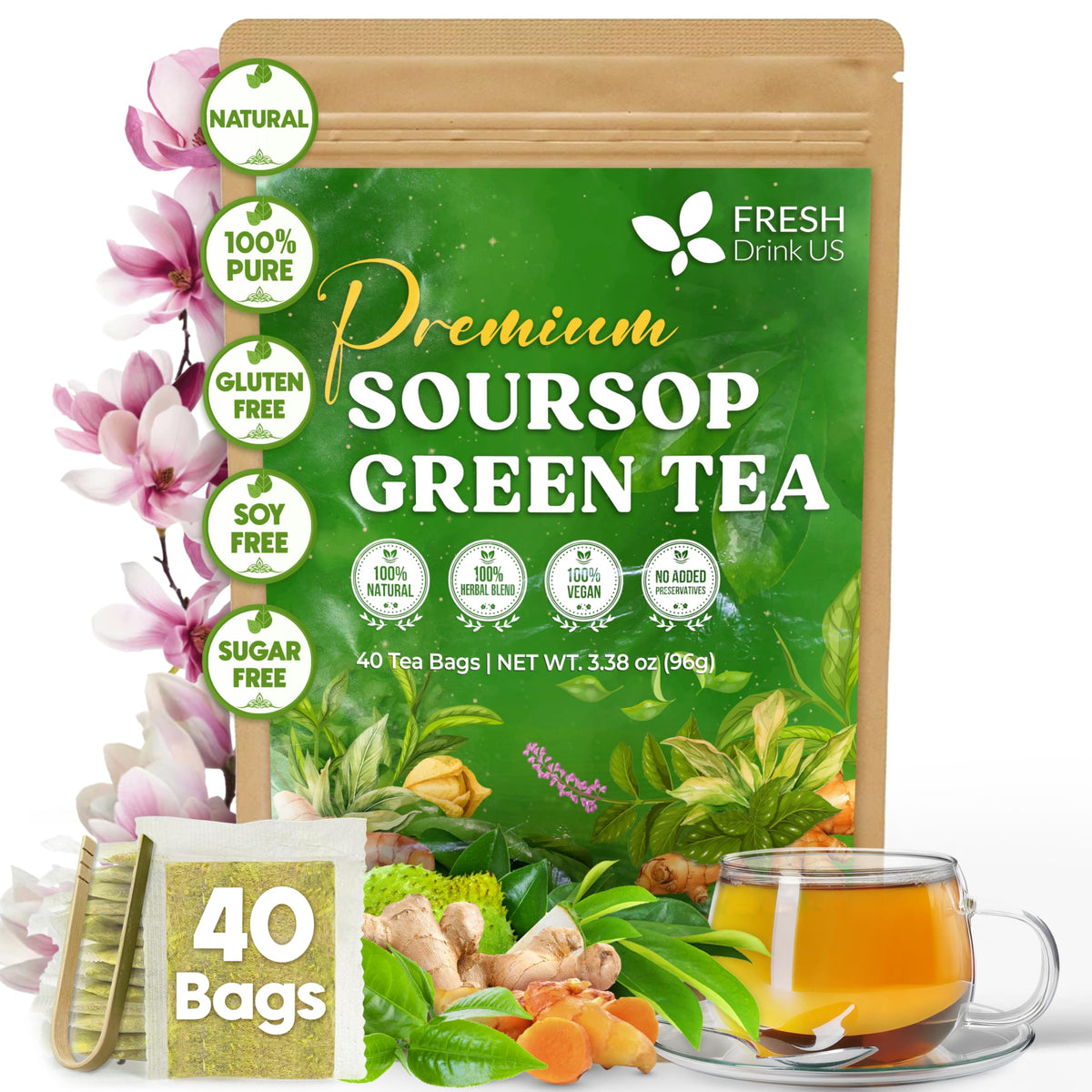 FreshDrinkUS soursop green tea bags packaging with eco-friendly design preserving freshness