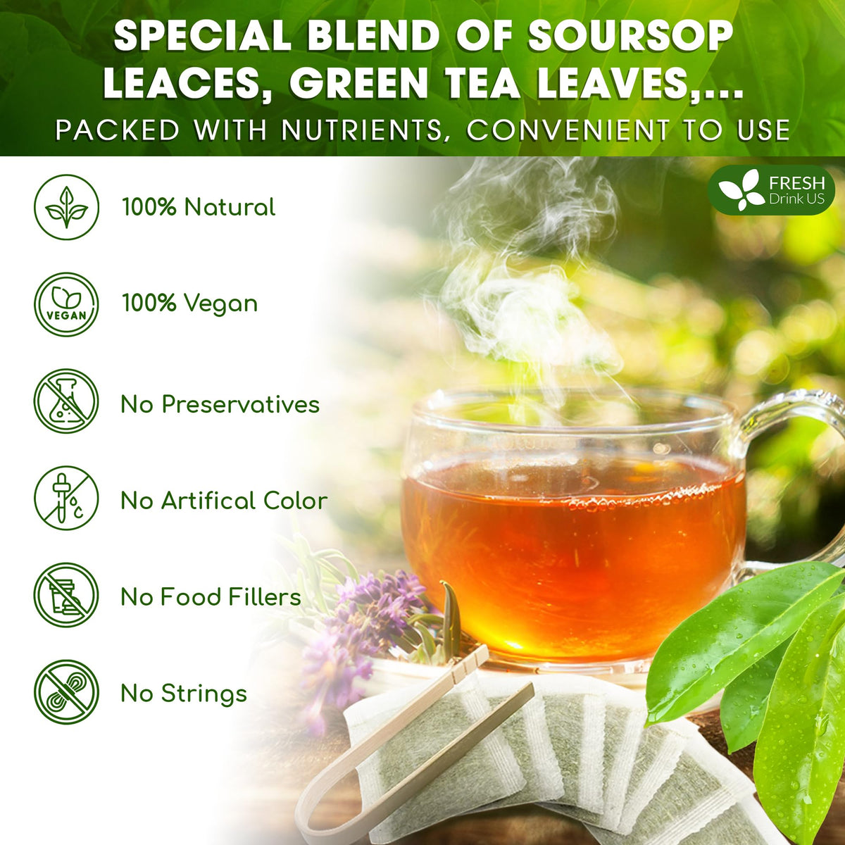 FreshDrinkUS soursop leaves and green tea blend, antioxidant-rich