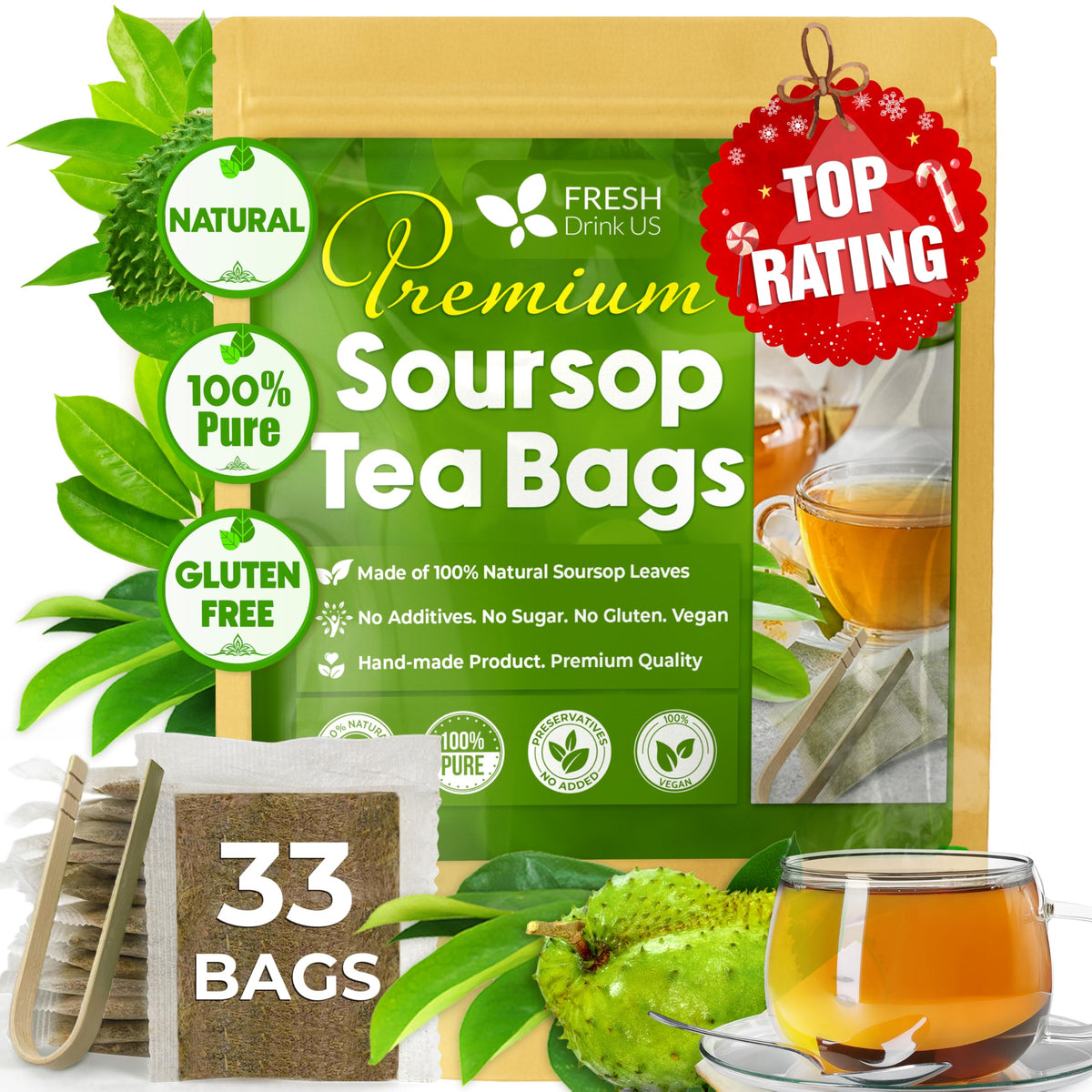 FreshDrinkUS soursop leaf tea bags closeup for pure, additive-free flavor.