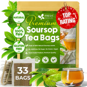 FreshDrinkUS soursop leaf tea bags closeup for pure, additive-free flavor.