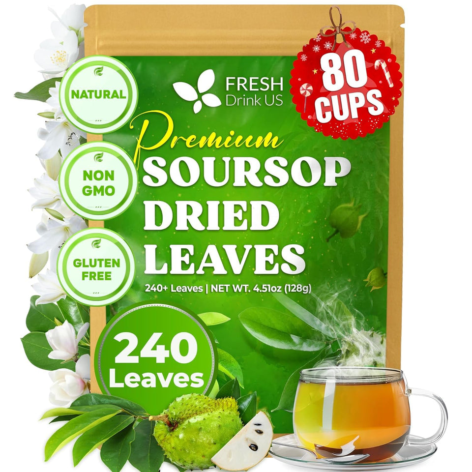 FreshDrinkUS soursop tea packaging highlights sustainable kraft paper and freshness.
