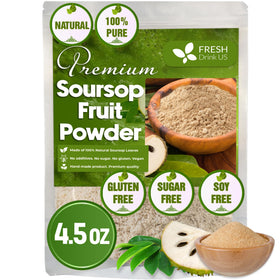 FreshDrinkUS soursop powder jar shows pure, natural fruit powder.