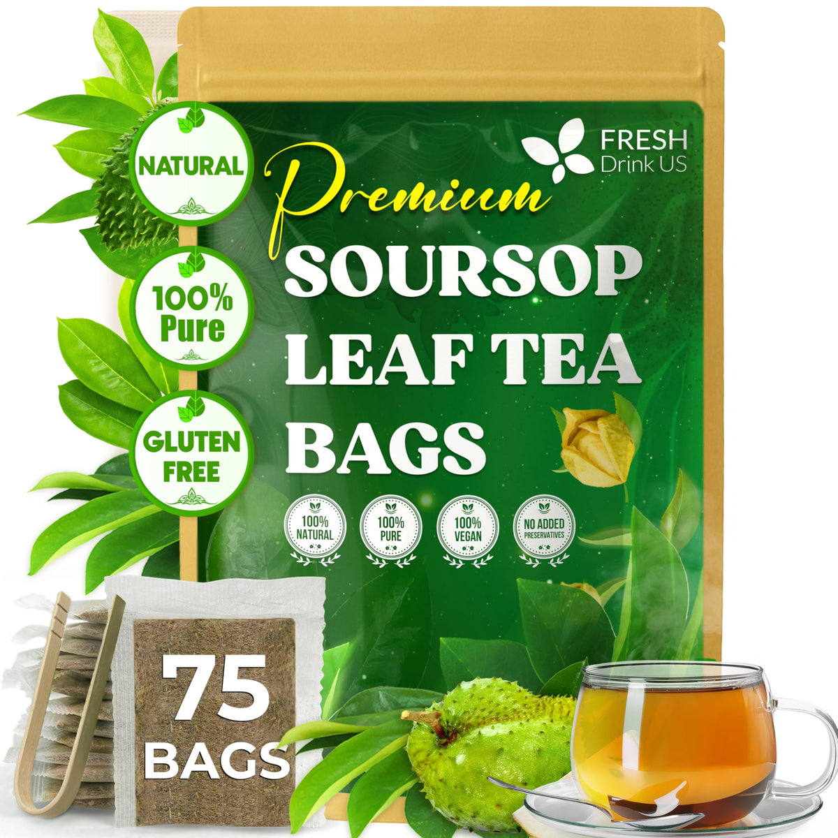 FreshDrinkUS soursop tea bags packaging showing premium leaves and eco friendly design