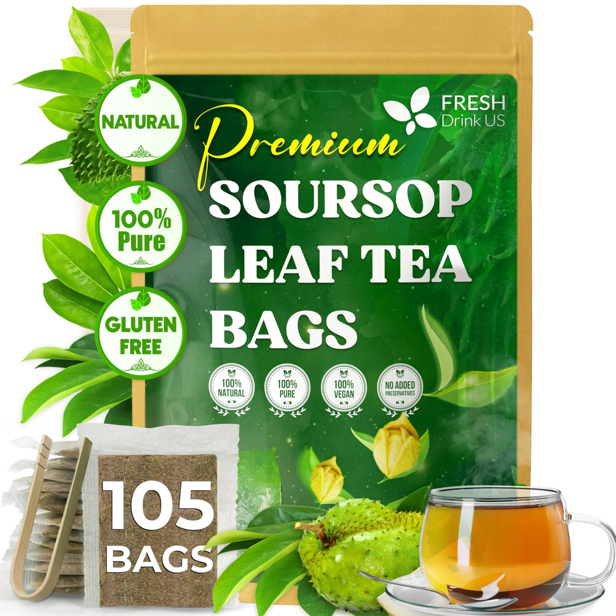 FreshDrinkUS soursop tea bags in packaging, ready to brew a natural infusion.