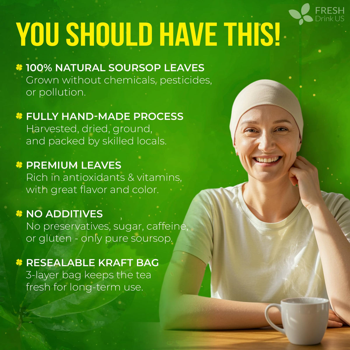 FreshDrinkUS soursop tea packaging highlighting gluten-free and caffeine-free blend