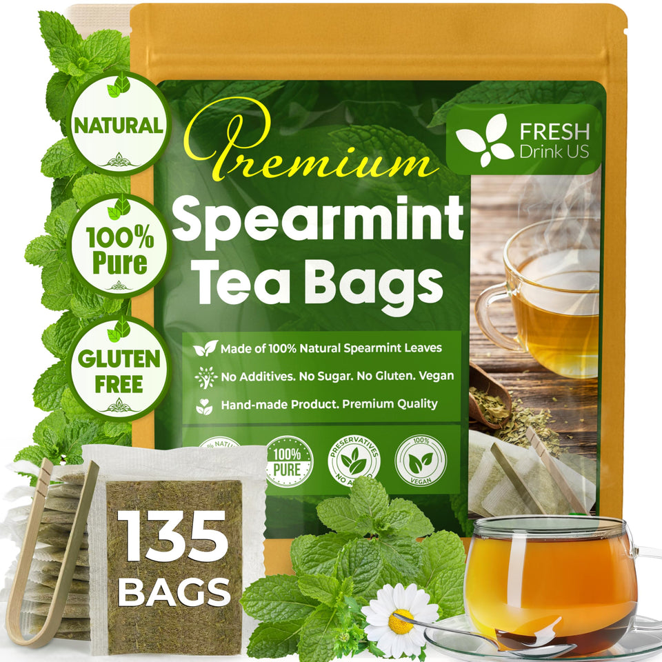 FreshDrinkUS spearmint tea bag closeup showing pure leaves for a refreshing caffeine-free moment.