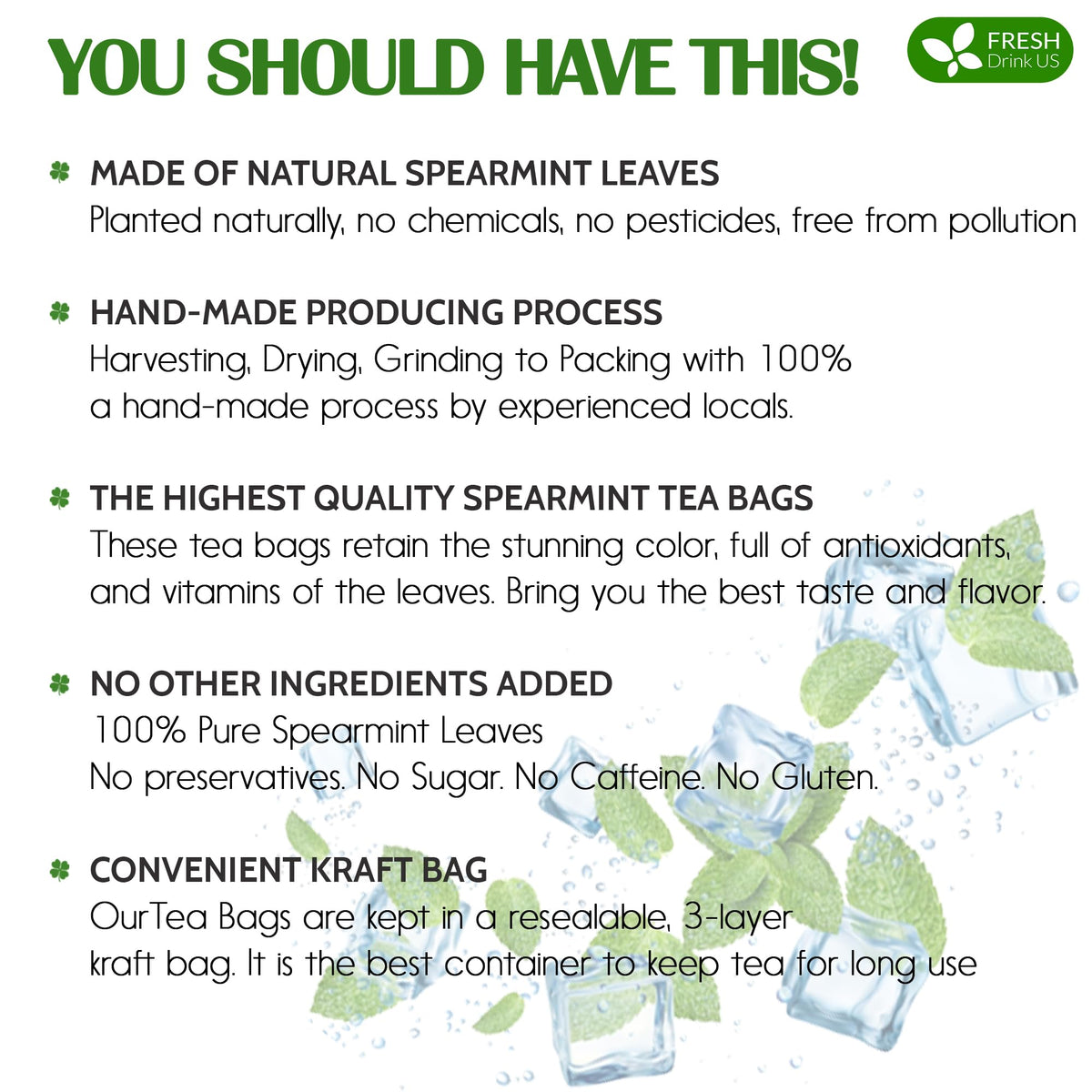 FreshDrinkUS spearmint tea bag packaging highlights eco-friendly kraft packaging.