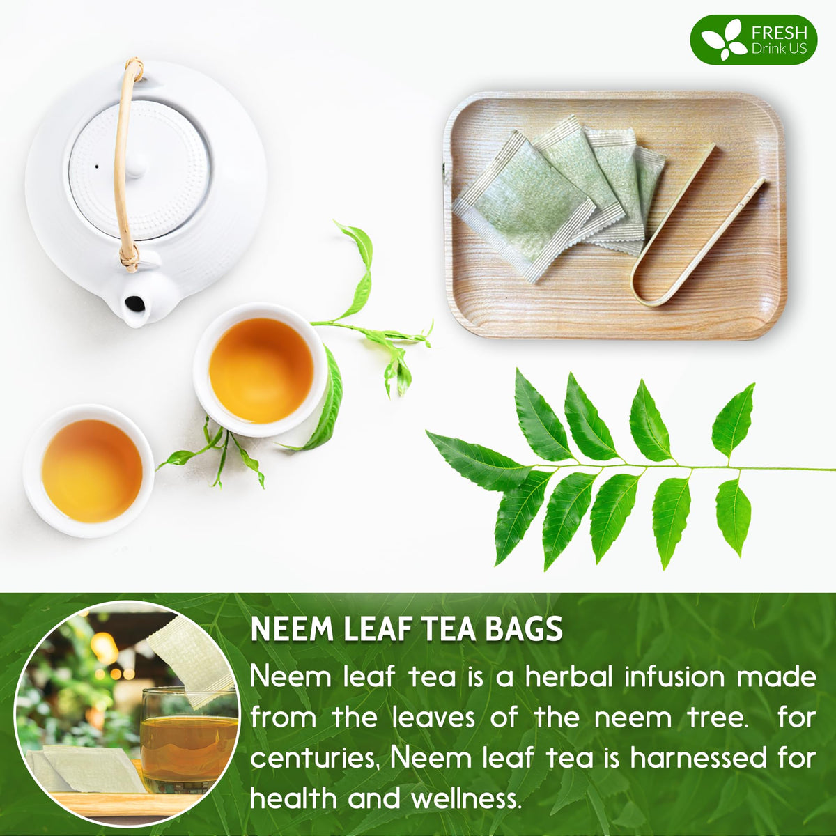 Steaming cup of FreshDrinkUS neem tea with inviting aroma.