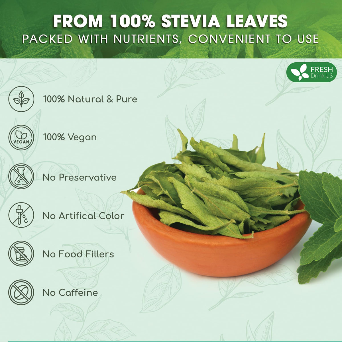 FreshDrinkUS stevia leaves sun-dried texture preserving flavor
