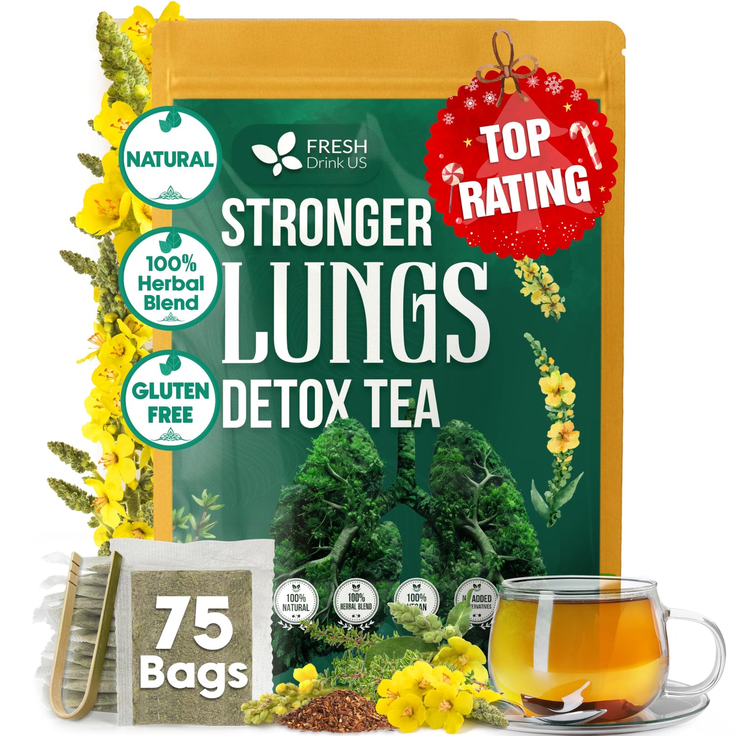 FreshDrinkUS StrongerLungs tea bags box promotes a comforting evening ritual.