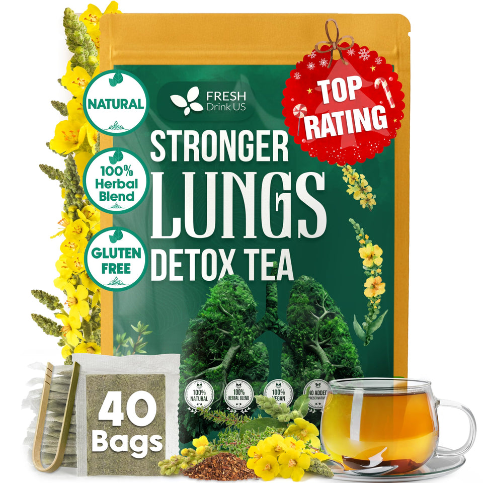 FreshDrinkUS StrongerLungs tea bags packaging shows premium, non-GMO blend.