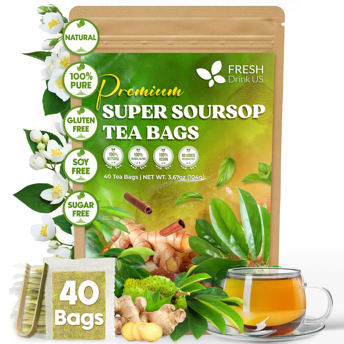 FreshDrinkUS Super Soursop tea bags ready for a soothing daily ritual.