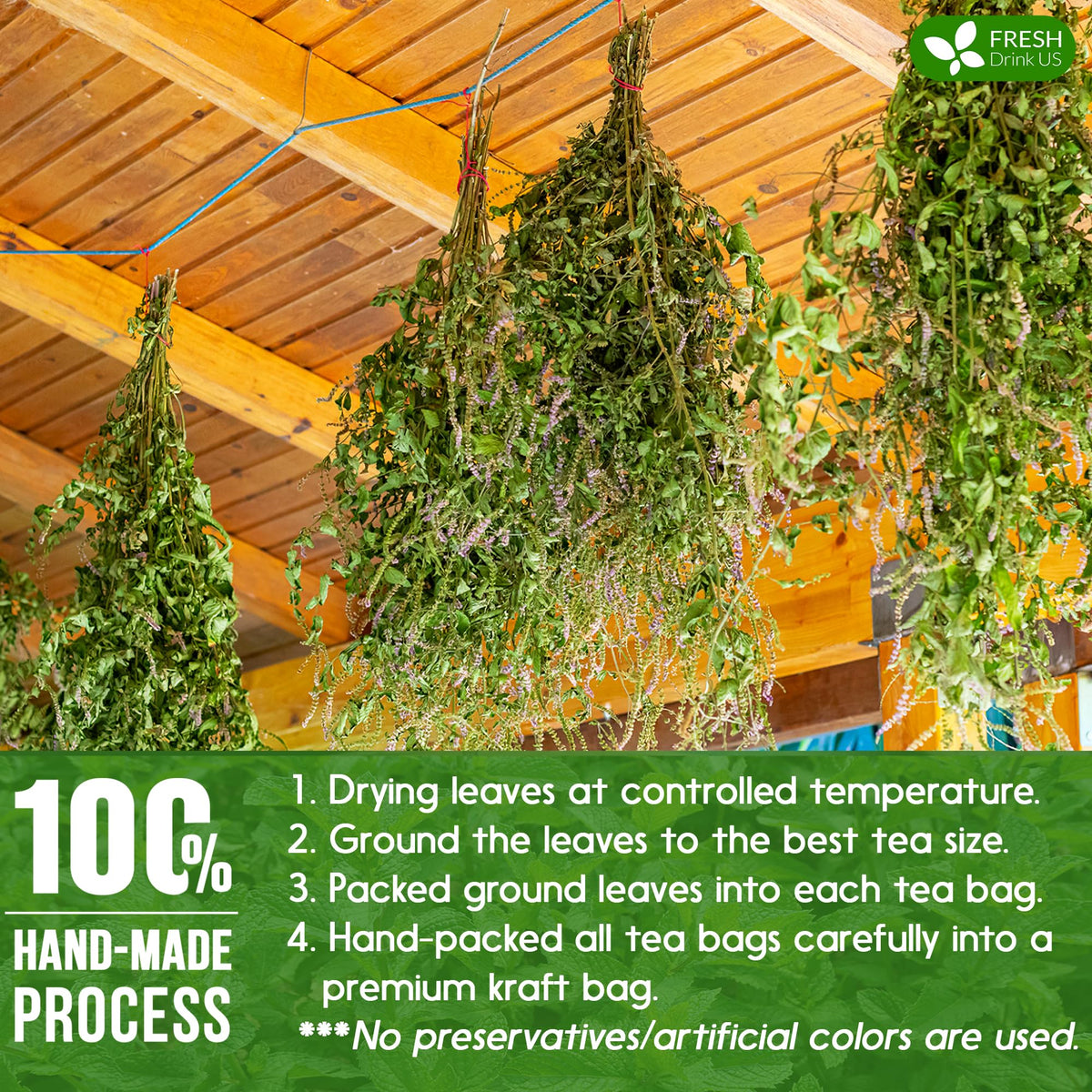 FreshDrinkUS tea bag assembly process with hand-picked leaves and precise sizing.