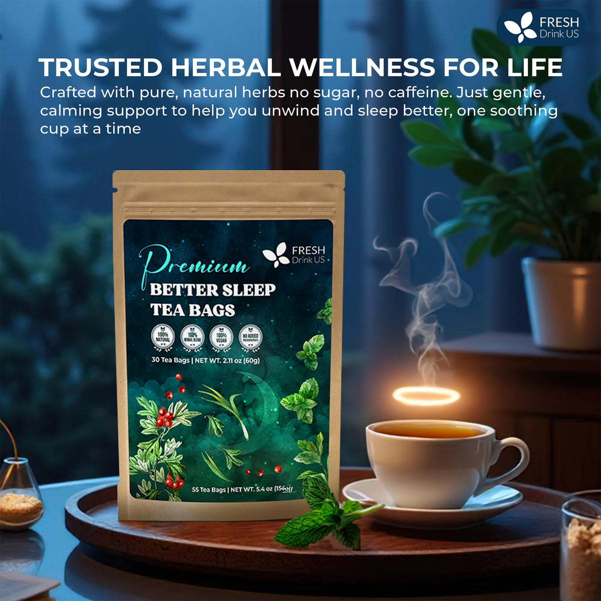 FreshDrinkUS tea bag stack suggesting convenient daily refreshment and easy prep.