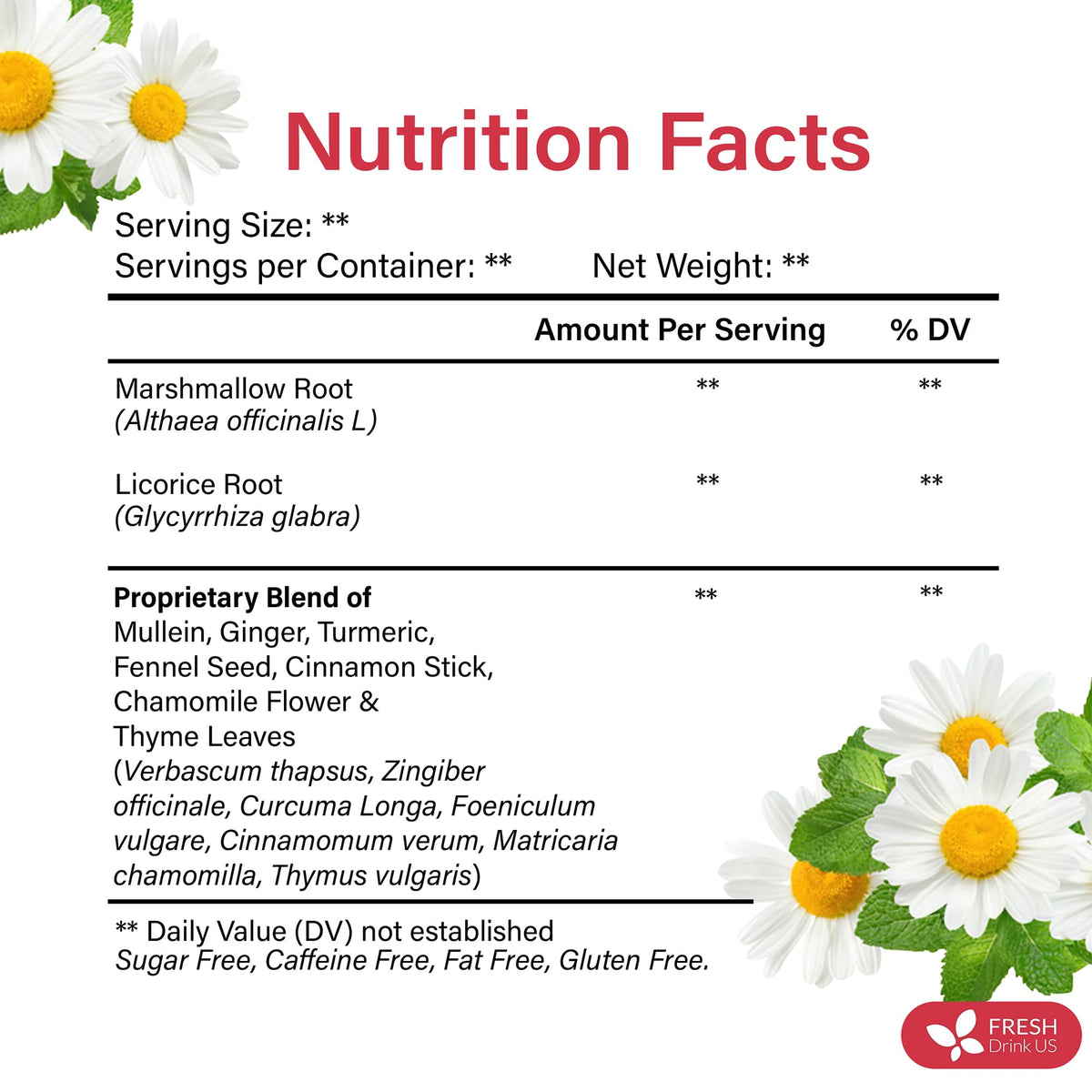 FreshDrinkUS tea bags packaging label highlighting caffeine-free and citrus-free