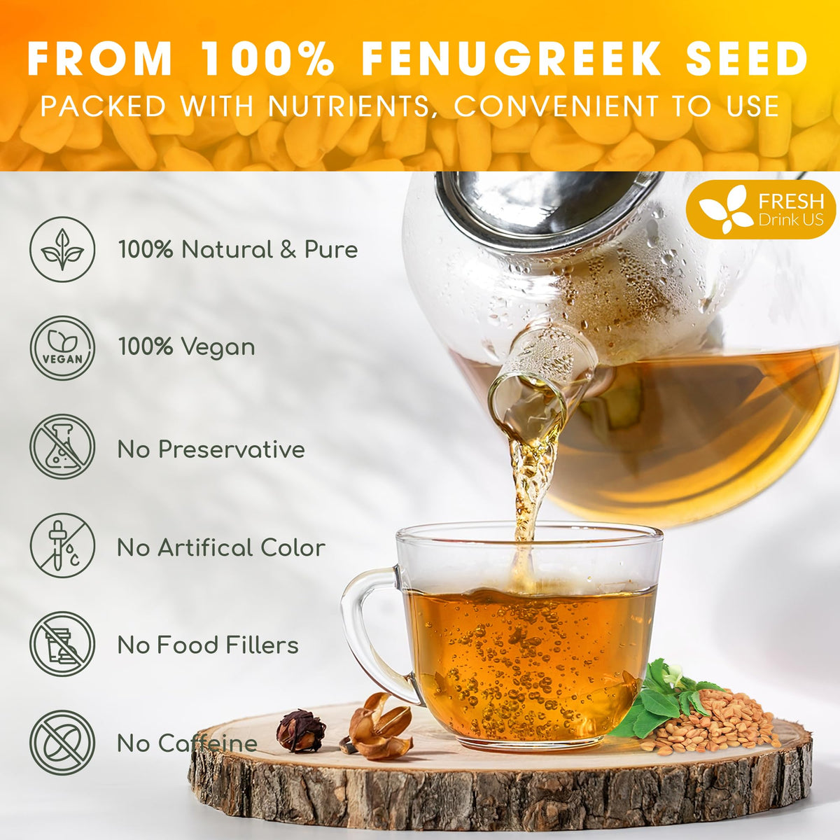 FreshDrinkUS cup with fenugreek infusion, a calming moment in every sip.