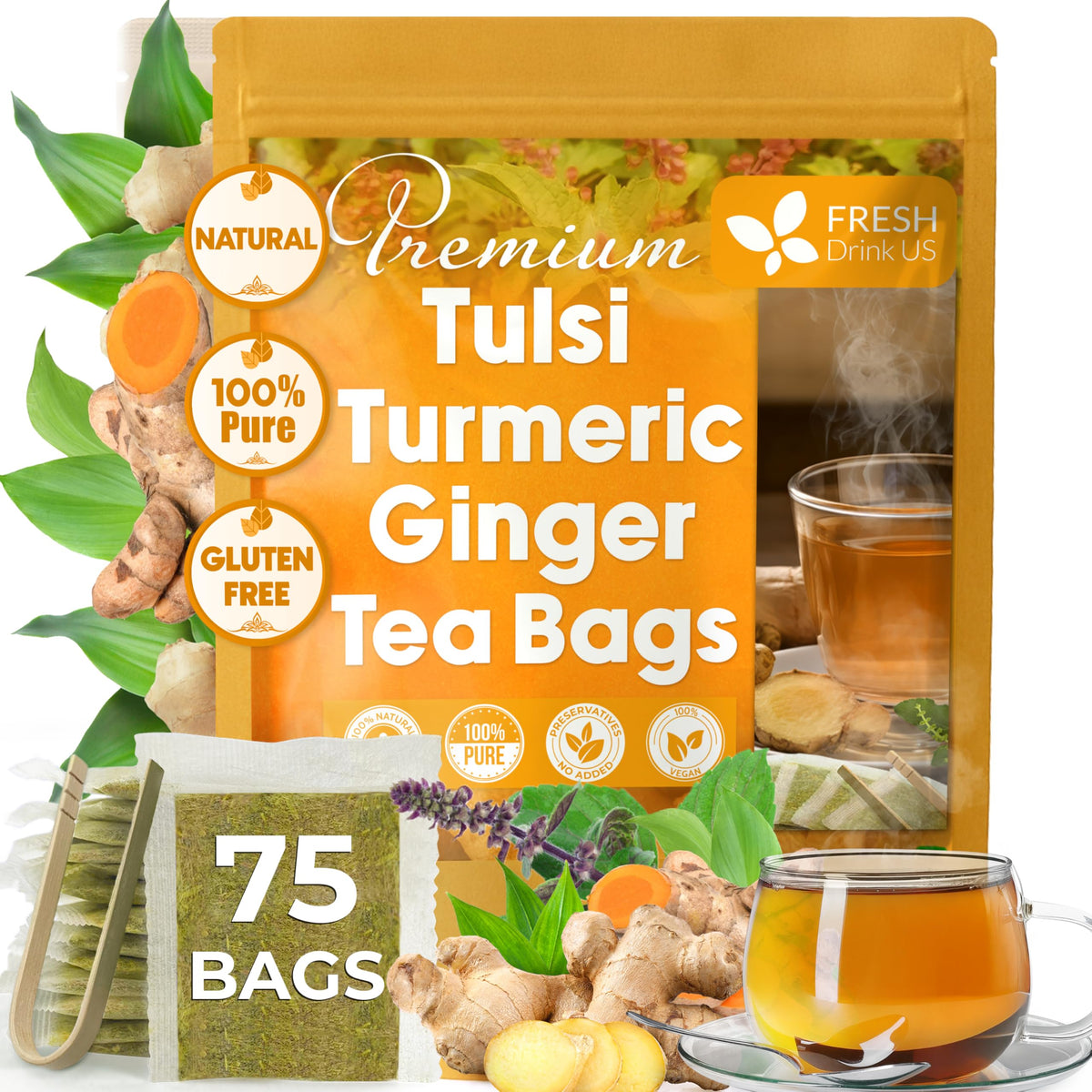 FreshDrinkUS Tulsi turmeric ginger tea bags close-up, highlighting premium flavor.
