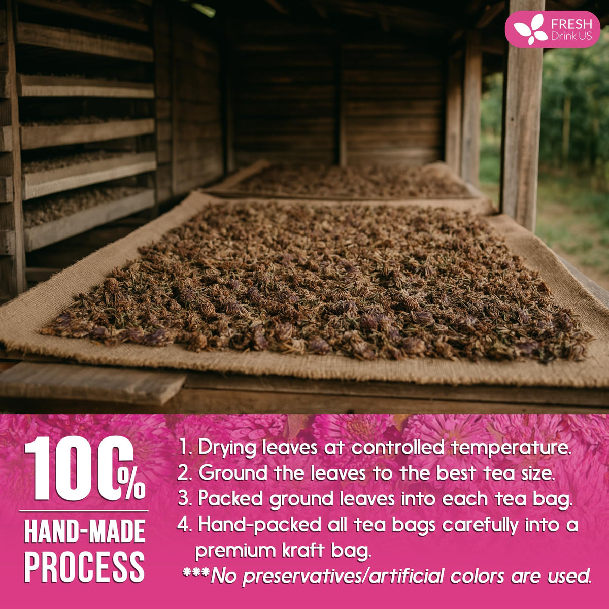 FreshDrinkUS whole red clover blossoms deliver natural aroma.