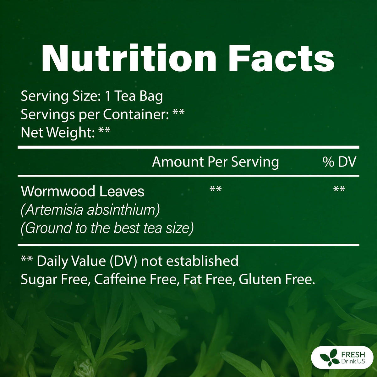 FreshDrinkUS Wormwood Tea bag closeup showing natural leaves.