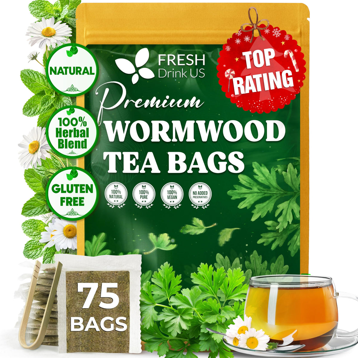 FreshDrinkUS Wormwood Tea bags ready to brew a caffeine-free moment.