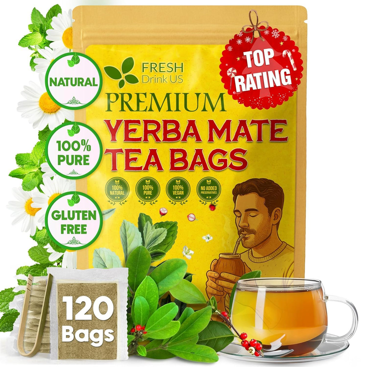 FreshDrinkUS Yerba Mate tea bags pack ready for a smooth daily ritual.