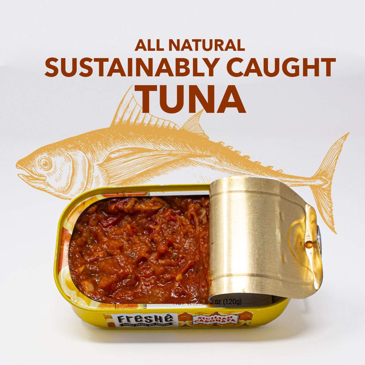Freshé backpacker-ready tuna tin, ideal for on-the-go meals.